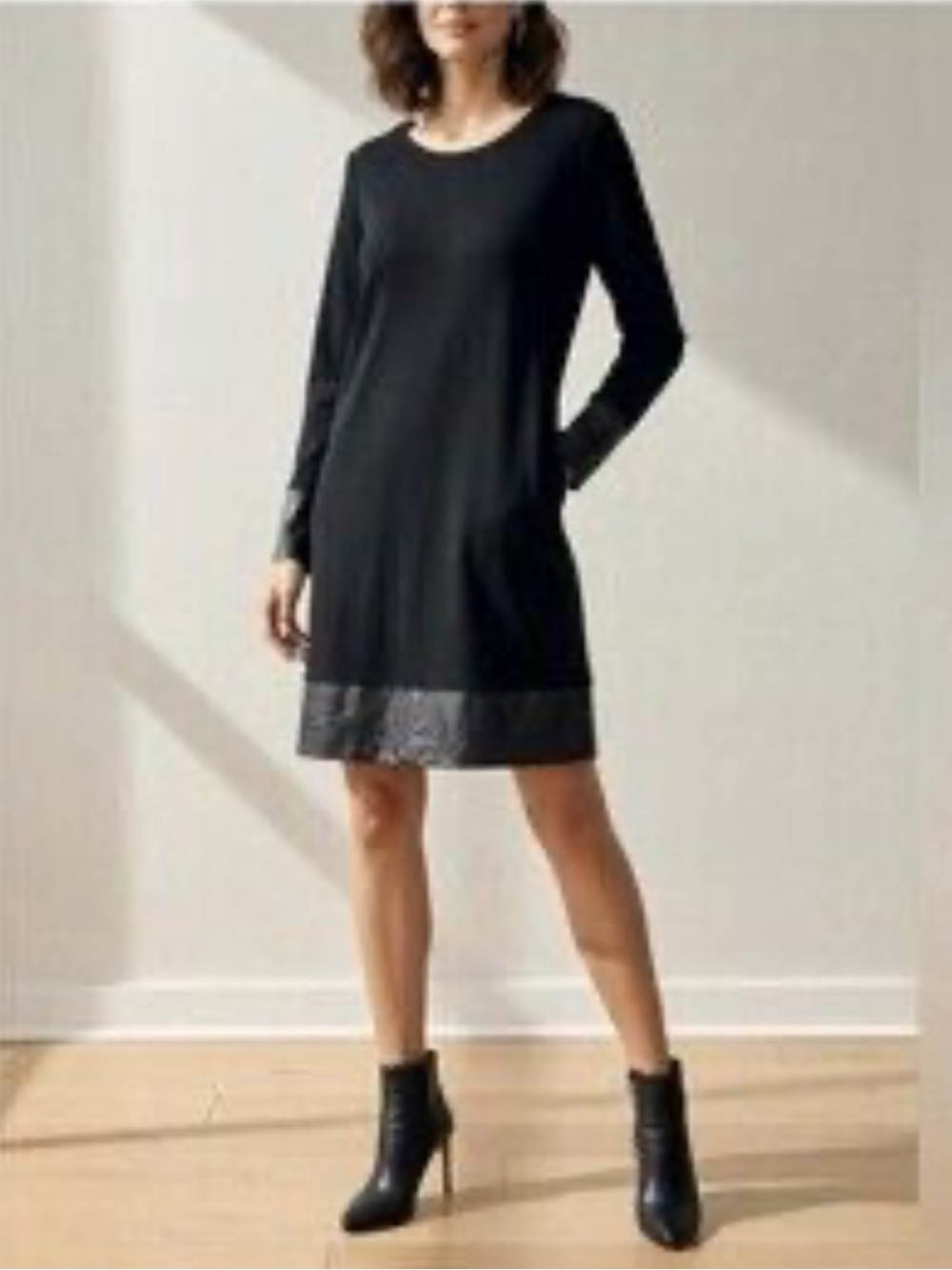 Theory Kieran Black Long-Sleeve Shift W/Lamb Skin Leather Stretch Jersey Dress